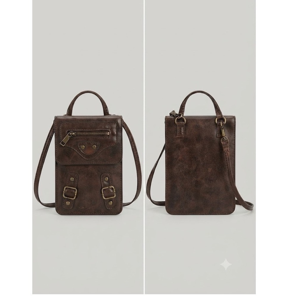 Gorpcore Crossbody Bag Womens Small Brown Distressed Faux‎ Leather Messenger Bag